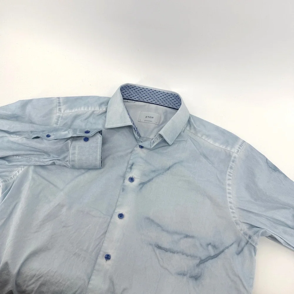 Eton Contemporary Fit Blue Marbled Cotton Dress Shirt Mens 17.5 44 Button Down